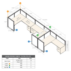 GOF 3 Person Workstation Cubicle (5'D  x 19.5'W x 4'H)