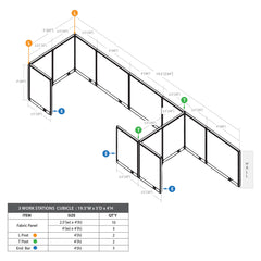 GOF 3 Person Workstation Cubicle (5'D  x 19.5'W x 4'H)