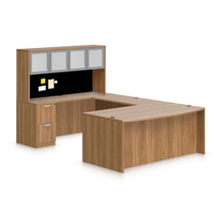 U71D - 6' x 9.5' U-Shape Workstation (Bow Front Desk with B/B/F and F/F Pedestal) Hutch Added