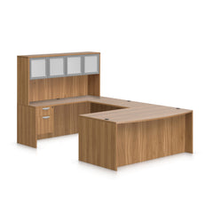 U71C - 6' x 9' U-Shape Workstation (Bow Front Desk with Hanging B/F Pedestal) Hutch Added