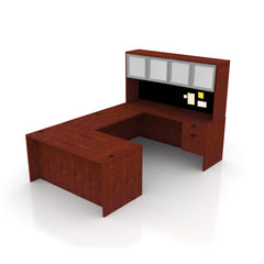 U71C - 6' x 9' U-Shape Workstation (Bow Front Desk with Hanging B/F Pedestal) Hutch Added