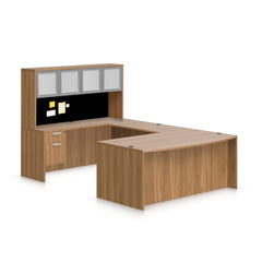 U71C - 6' x 9' U-Shape Workstation (Bow Front Desk with Hanging B/F Pedestal) Hutch Added