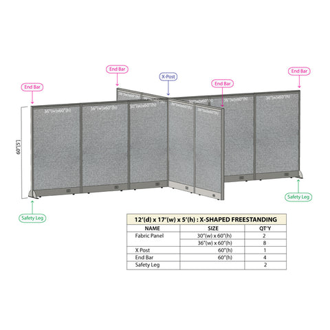 GOF 144"D x 204"W x 48”/60”/72”H, X-Shaped Freestanding Fabric Partition Package