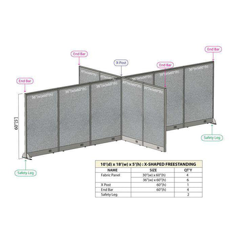 GOF 120"D x 216"W x 48”/60”/72”H, X-Shaped Freestanding Fabric Partition Package