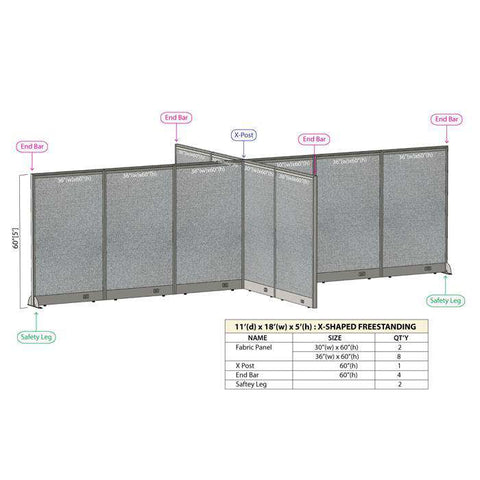 GOF 132"D x 216"W x 48”/60”/72”H, X-Shaped Freestanding Fabric Partition Package