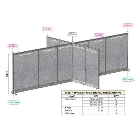 GOF 120"D x 228"W x 48”/60”/72”H, X-Shaped Freestanding Fabric Partition Package