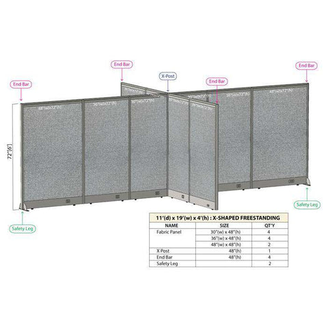 GOF 132"D x 228"W x 48”/60”/72”H, X-Shaped Freestanding Fabric Partition Package