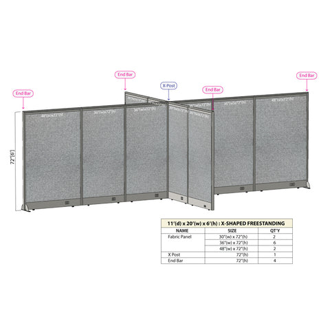 GOF 132D x 240W x 48”/60”/72”H, X-Shaped Freestanding Fabric Partition Package