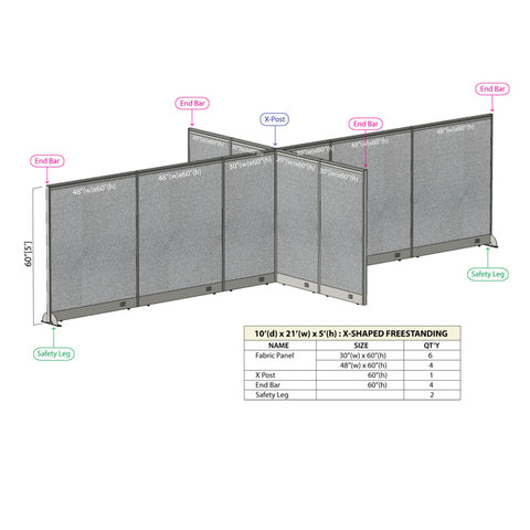 GOF 120"D x 252"W x 48”/60”/72”H, X-Shaped Freestanding Fabric Partition Package