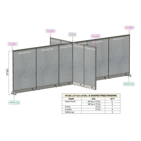 GOF 120"D x 252"W x 48”/60”/72”H, X-Shaped Freestanding Fabric Partition Package