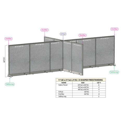 GOF 132"D x 252"W x 48”/60”/72”H, X-Shaped Freestanding Fabric Partition Package
