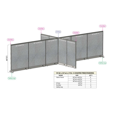 GOF 120"D x 264"W x 48”/60”/72”H, X-Shaped Freestanding Fabric Partition Package