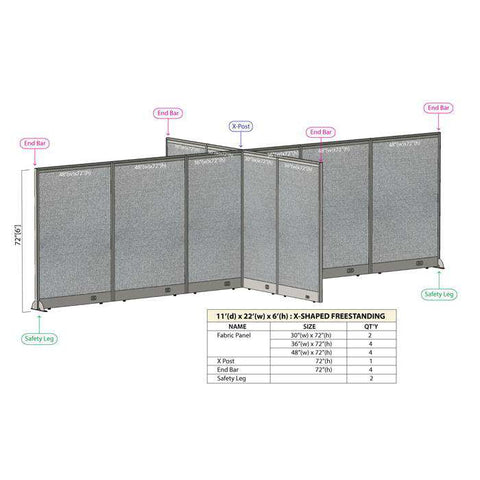 GOF 132"D x 264"W x 48”/60”/72”H, X-Shaped Freestanding Fabric Partition Package