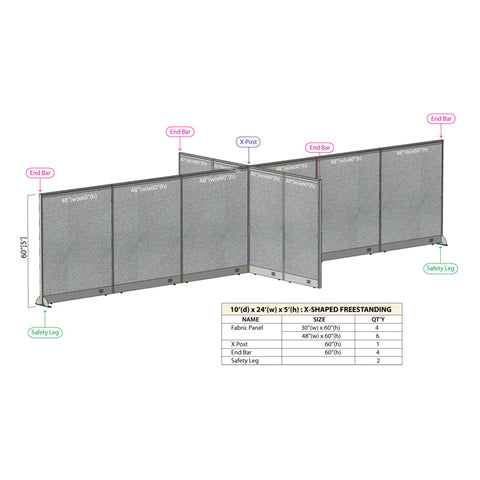 GOF 120"D x 288"W x 48”/60”/72”H, X-Shaped Freestanding Fabric Partition Package