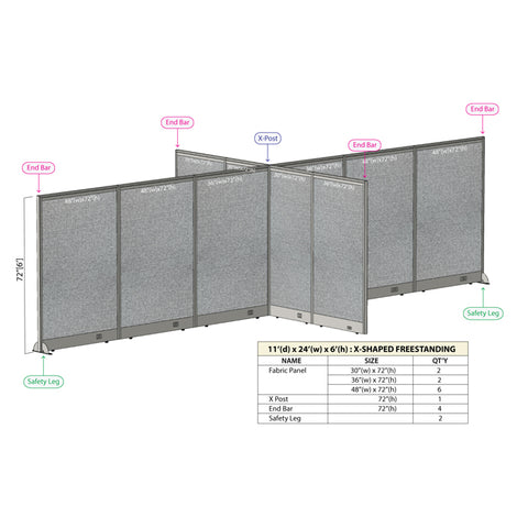 GOF 132"D x 288"W x 48”/60”/72”H, X-Shaped Freestanding Fabric Partition Package