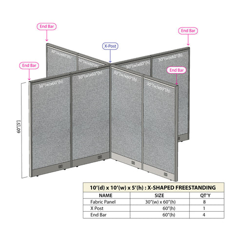 GOF 120"D x 120"W x 48”/60”/72”H, X-Shaped Freestanding Fabric Partition Package