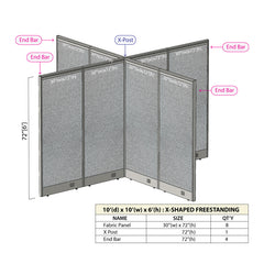 GOF 120"D x 120"W x 48”/60”/72”H, X-Shaped Freestanding Fabric Partition Package