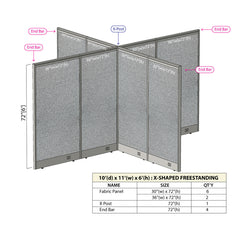 GOF 120"D x 132"W x 48”/60”/72”H, X-Shaped Freestanding Fabric Partition Package