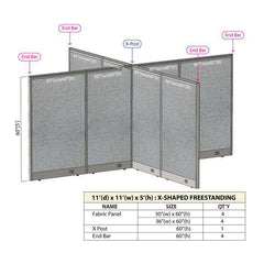 GOF 132"D x 132"W x 48”/60”/72”H, X-Shaped Freestanding Fabric Partition Package
