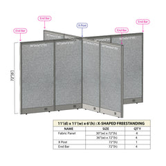 GOF 132"D x 132"W x 48”/60”/72”H, X-Shaped Freestanding Fabric Partition Package
