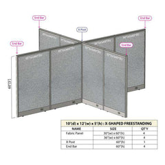 GOF 120"D x 144"W x 48”/60”/72”H, X-Shaped Freestanding Fabric Partition Package