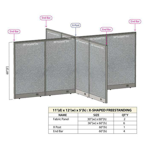 GOF 132"D x 144"W x 48”/60”/72”H, X-Shaped Freestanding Fabric Partition Package