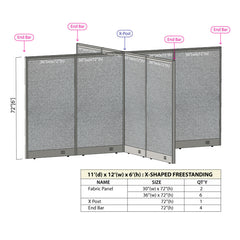 GOF 132"D x 144"W x 48”/60”/72”H, X-Shaped Freestanding Fabric Partition Package