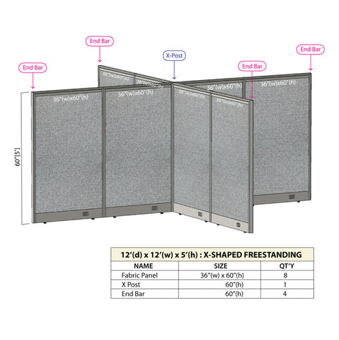 GOF 144"D x 144"W x 48”/60”/72”H, X-Shaped Freestanding Fabric Partition Package