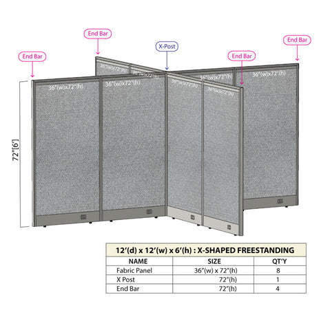 GOF 144"D x 144"W x 48”/60”/72”H, X-Shaped Freestanding Fabric Partition Package