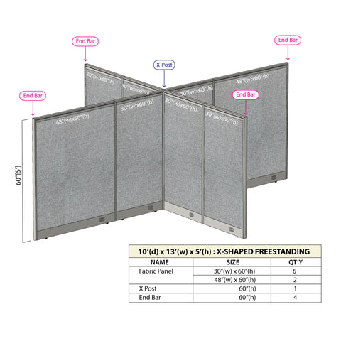 GOF 120"D x 156"W x 48”/60”/72”H, X-Shaped Freestanding Fabric Partition Package