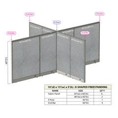 GOF 120"D x 156"W x 48”/60”/72”H, X-Shaped Freestanding Fabric Partition Package