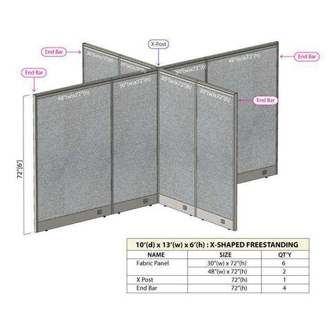 GOF 120"D x 156"W x 48”/60”/72”H, X-Shaped Freestanding Fabric Partition Package
