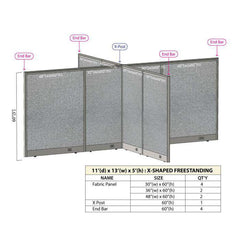 GOF 132"D x 156"W x 48”/60”/72”H, X-Shaped Freestanding Fabric Partition Package