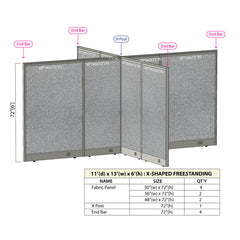 GOF 132"D x 156"W x 48”/60”/72”H, X-Shaped Freestanding Fabric Partition Package