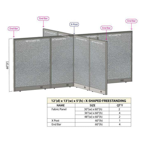GOF 144"D x 156"W x 48”/60”/72”H, X-Shaped Freestanding Fabric Partition Package
