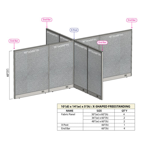 GOF 120"D x 168"W x 48”/60”/72”H, X-Shaped Freestanding Fabric Partition Package