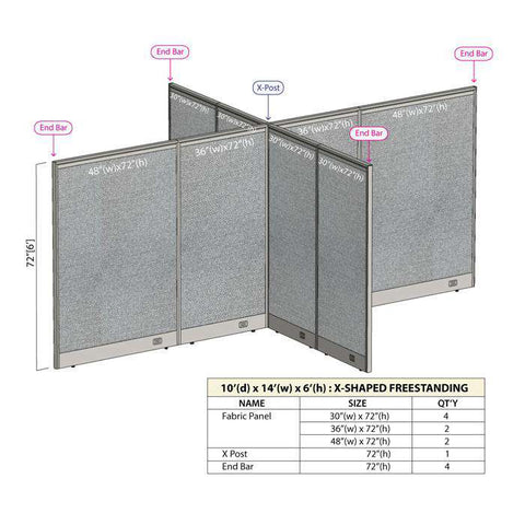 GOF 120"D x 168"W x 48”/60”/72”H, X-Shaped Freestanding Fabric Partition Package