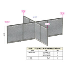 GOF 132"D x 168"W x 48”/60”/72”H, X-Shaped Freestanding Fabric Partition Package