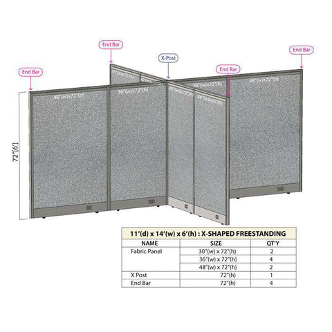 GOF 132"D x 168"W x 48”/60”/72”H, X-Shaped Freestanding Fabric Partition Package