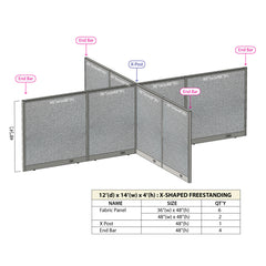 GOF 144"D x 168"W x 48”/60”/72”H, X-Shaped Freestanding Fabric Partition Package
