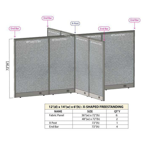 GOF 144"D x 168"W x 48”/60”/72”H, X-Shaped Freestanding Fabric Partition Package