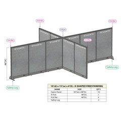 GOF 120"D x 180"W x 48”/60”/72”H, X-Shaped Freestanding Fabric Partition Package