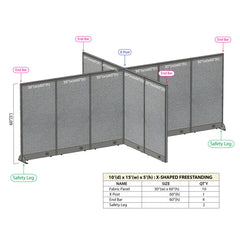GOF 120"D x 180"W x 48”/60”/72”H, X-Shaped Freestanding Fabric Partition Package
