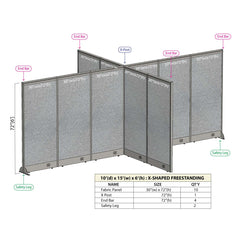 GOF 120"D x 180"W x 48”/60”/72”H, X-Shaped Freestanding Fabric Partition Package