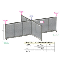 GOF 132"D x 180"W x 48”/60”/72”H, X-Shaped Freestanding Fabric Partition Package