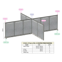 GOF 144"D x 180"W x 48”/60”/72”H, X-Shaped Freestanding Fabric Partition Package