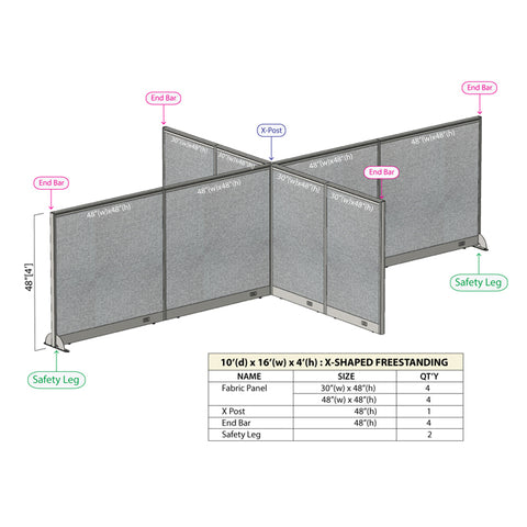 GOF 120"D x 192"W x 48”/60”/72”H, X-Shaped Freestanding Fabric Partition Package