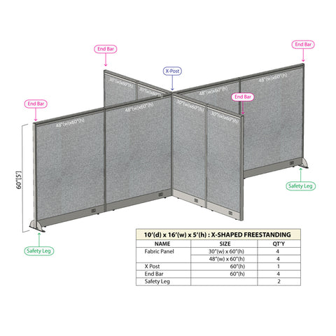 GOF 120"D x 192"W x 48”/60”/72”H, X-Shaped Freestanding Fabric Partition Package