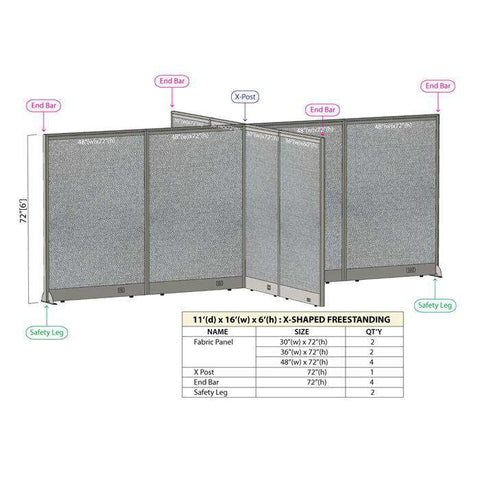 GOF 132"D x 192"W x 48”/60”/72”H, X-Shaped Freestanding Fabric Partition Package