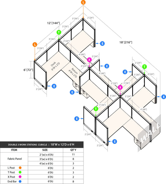 GOF Double 6 Person Separate Workstation Cubicle (C-12'D x 18'W x 6'H-W) / Office Partition, Room Divider - Kainosbuy.com